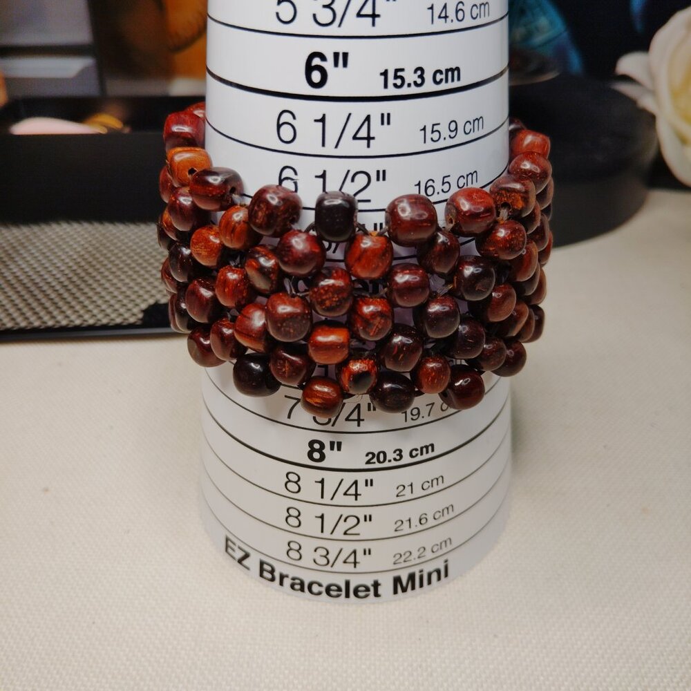 Polished Wooden Bead Stretch Cuff Bracelet 1.5 Inch Wide Natural Boho Style